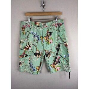 Hustle Gang Men Mint Green Pin Up Floral Graphic Cargo Shorts Size 36 Streetwear